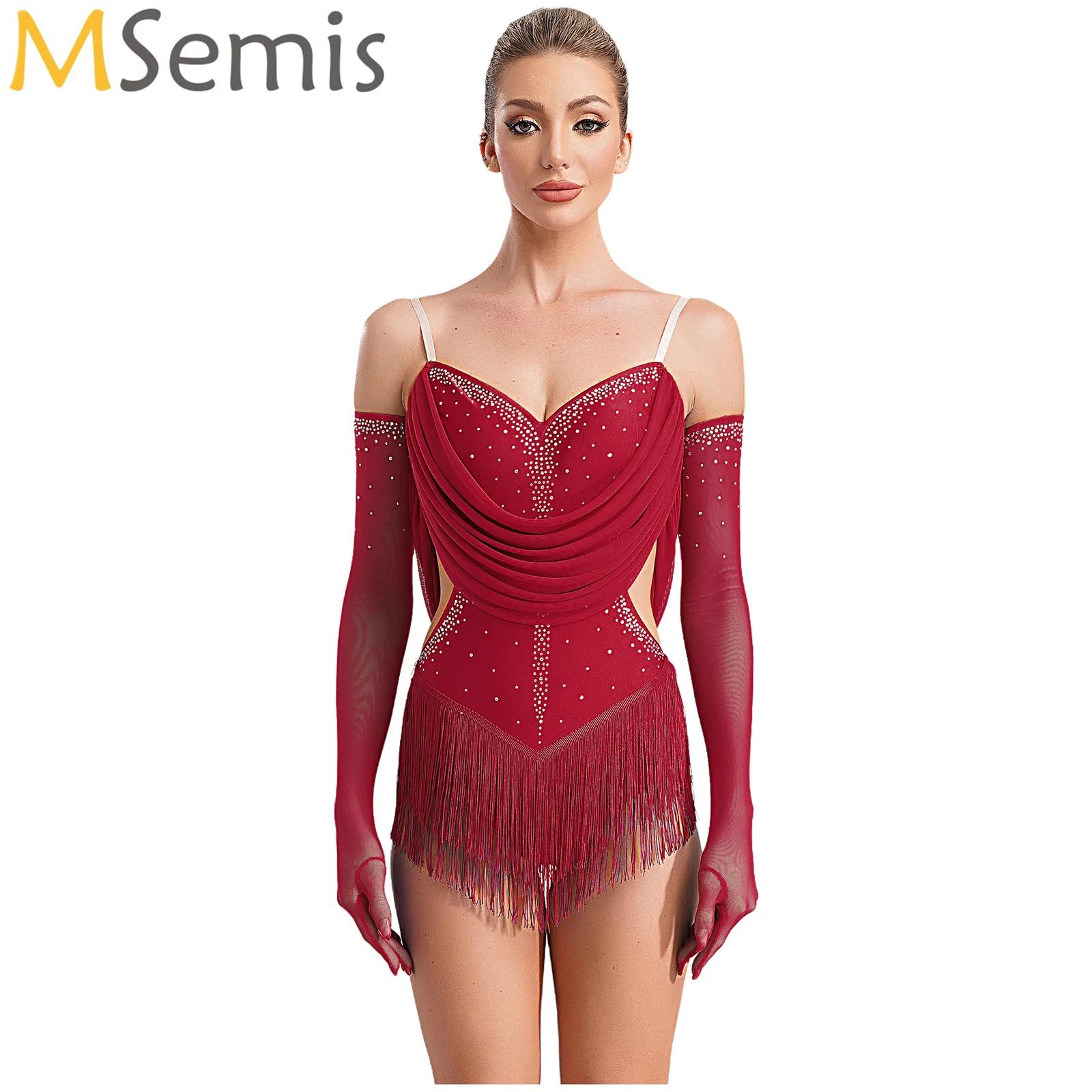 Women Ruched Mesh Tassel Latin - огляд і ціна Rhinestone Banding Trim